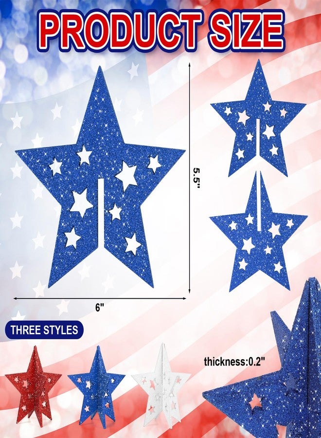 COCHIE 6 Inch Labor Day Decorations Wooden Stars Set, 3D Glitter Star Memorial Day Tiered Tray Decor, 4th of July Red White Blue Patriotic Decoration for Home Table Desk Door Shelf (Cutout, Set of 3) - Image 2